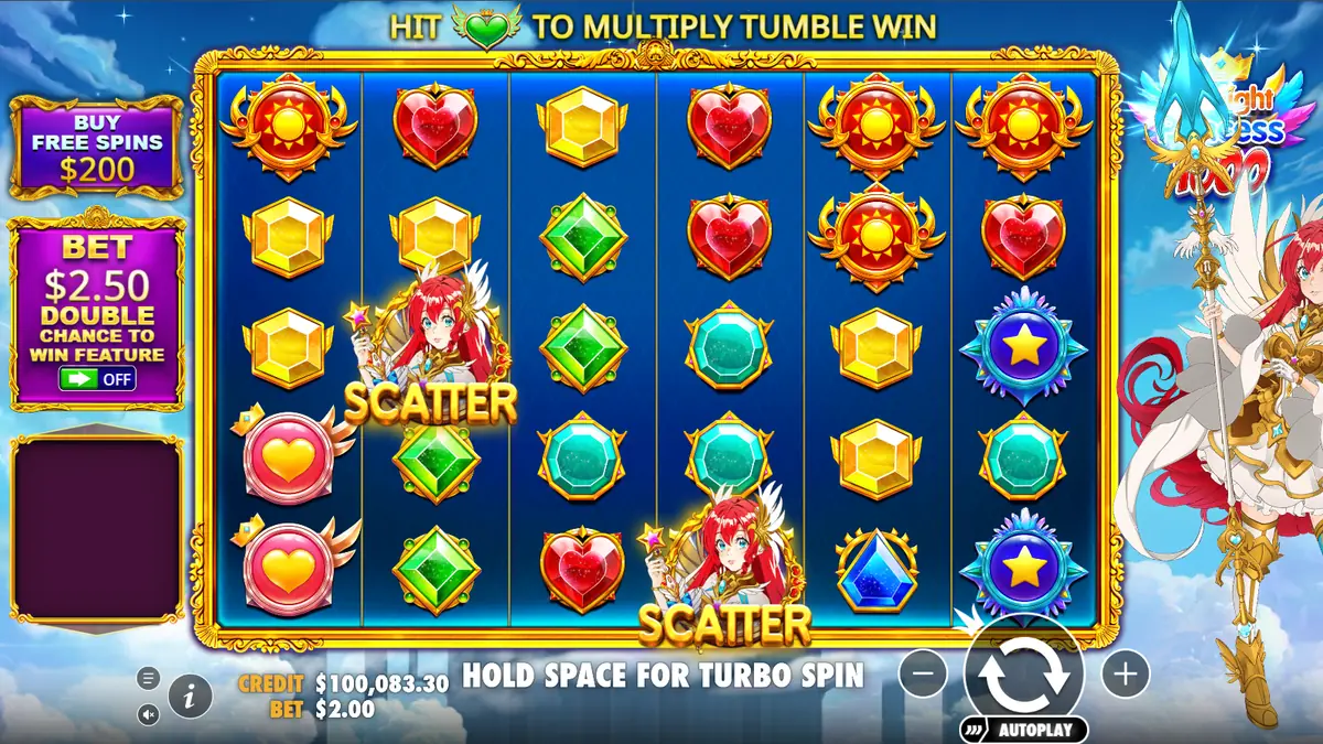 Gioco base della slot Starlight Princess 1000 con due simboli Scatter sulla griglia 6x5
