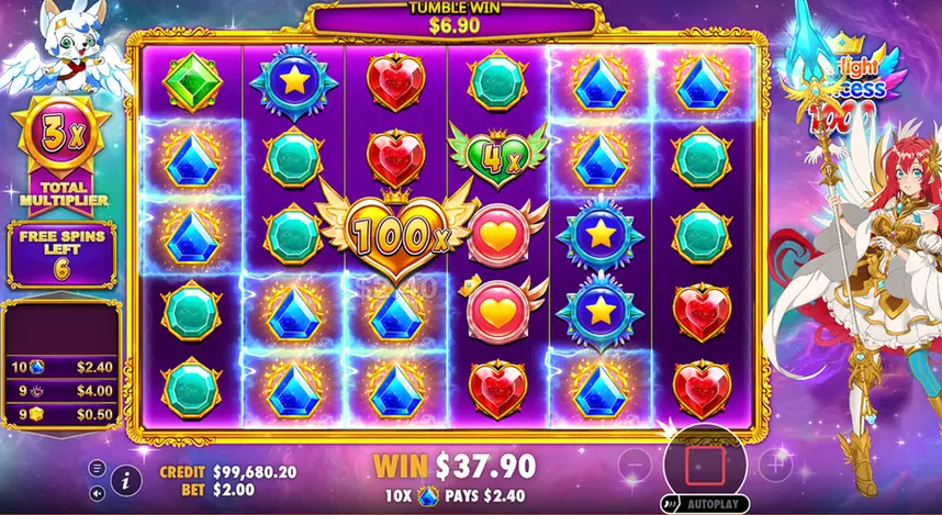 Round bonus di Starlight Princess 1000 con un cuore moltiplicatore 100x e il moltiplicatore totale a 3x