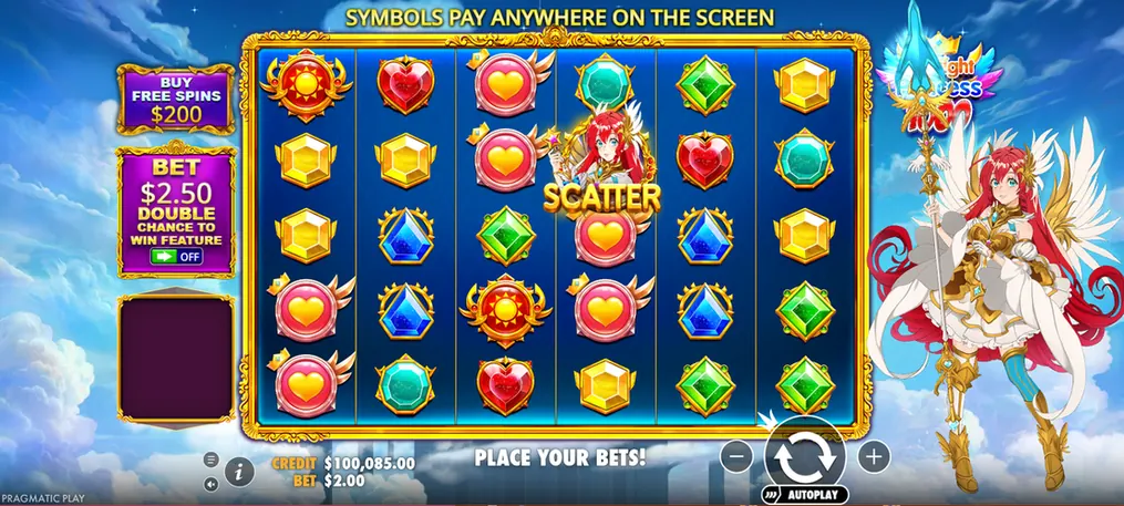 Griglia del gioco base di Starlight Princess 1000 con il banner delle vincite in qualsiasi posizione e uno Scatter