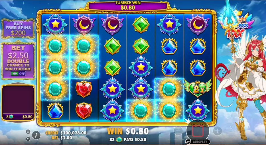 Vincita a cascata di Starlight Princess 1000 con otto gemme turchesi evidenziate e un cuore moltiplicatore 2x